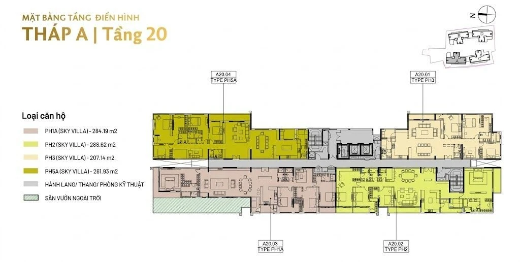 Bản vẽ mặt bằng tầng 20 Sky Villa Block A Elysian Lò Lu với 4 căn hộ siêu sang