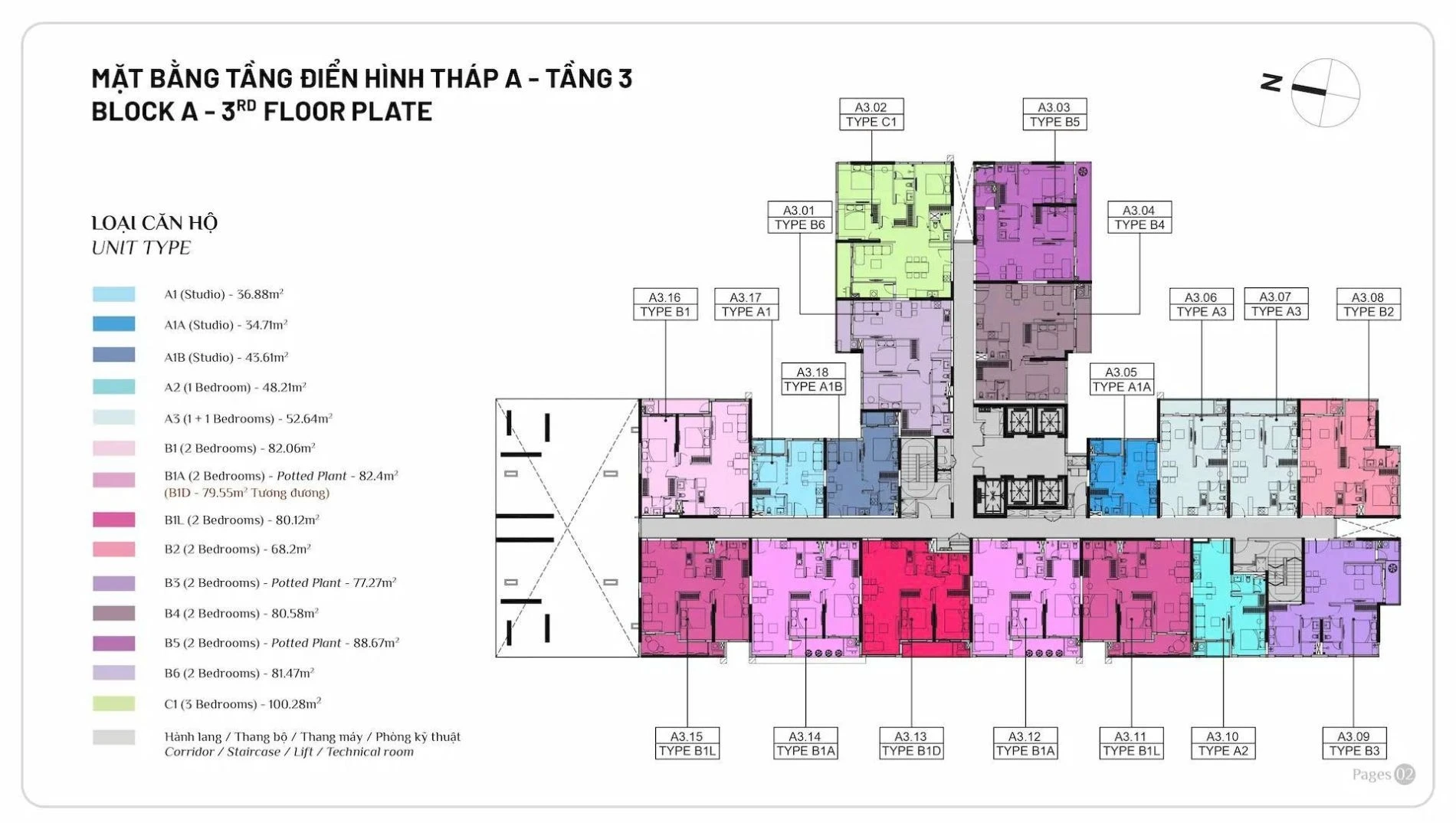 Sơ đồ mặt bằng tầng 3 Block A Elysian Lò Lu thể hiện vị trí các căn hộ 1PN, 2PN và 3PN