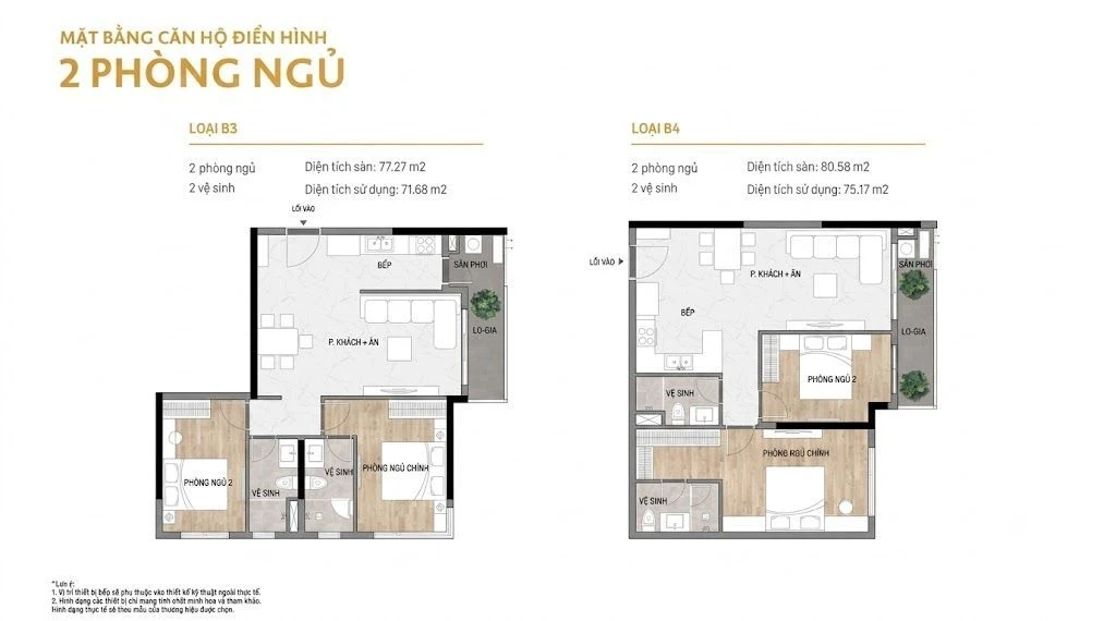 Mặt bằng bản vẽ layout căn hộ 2 phòng ngủ loại B3 và B4 dự án Elysian Lò Lu
