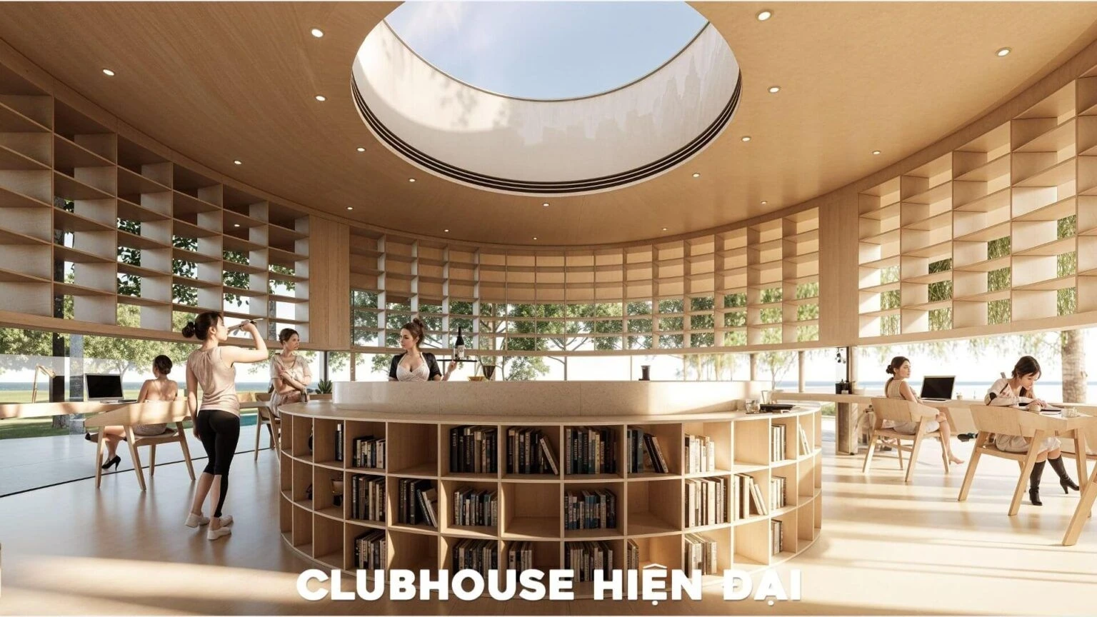 Nội thất bên trong clubhouse với thiết kế ốp gỗ, giếng trời và khu vực đọc sách