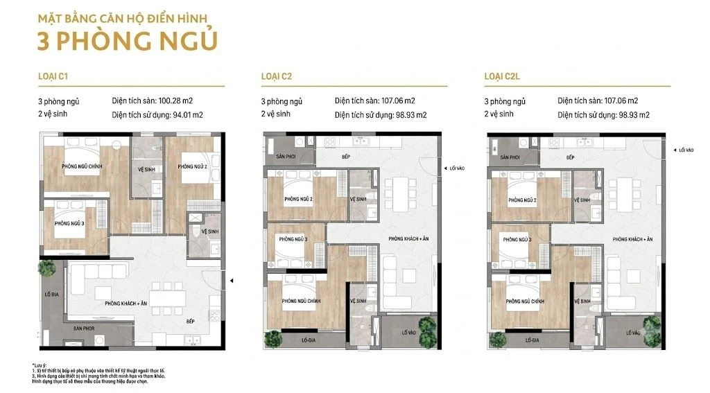 Bản vẽ layout căn hộ 3 phòng ngủ loại C1, C2 và C2L dự án Elysian Lò Lu Gamuda Land