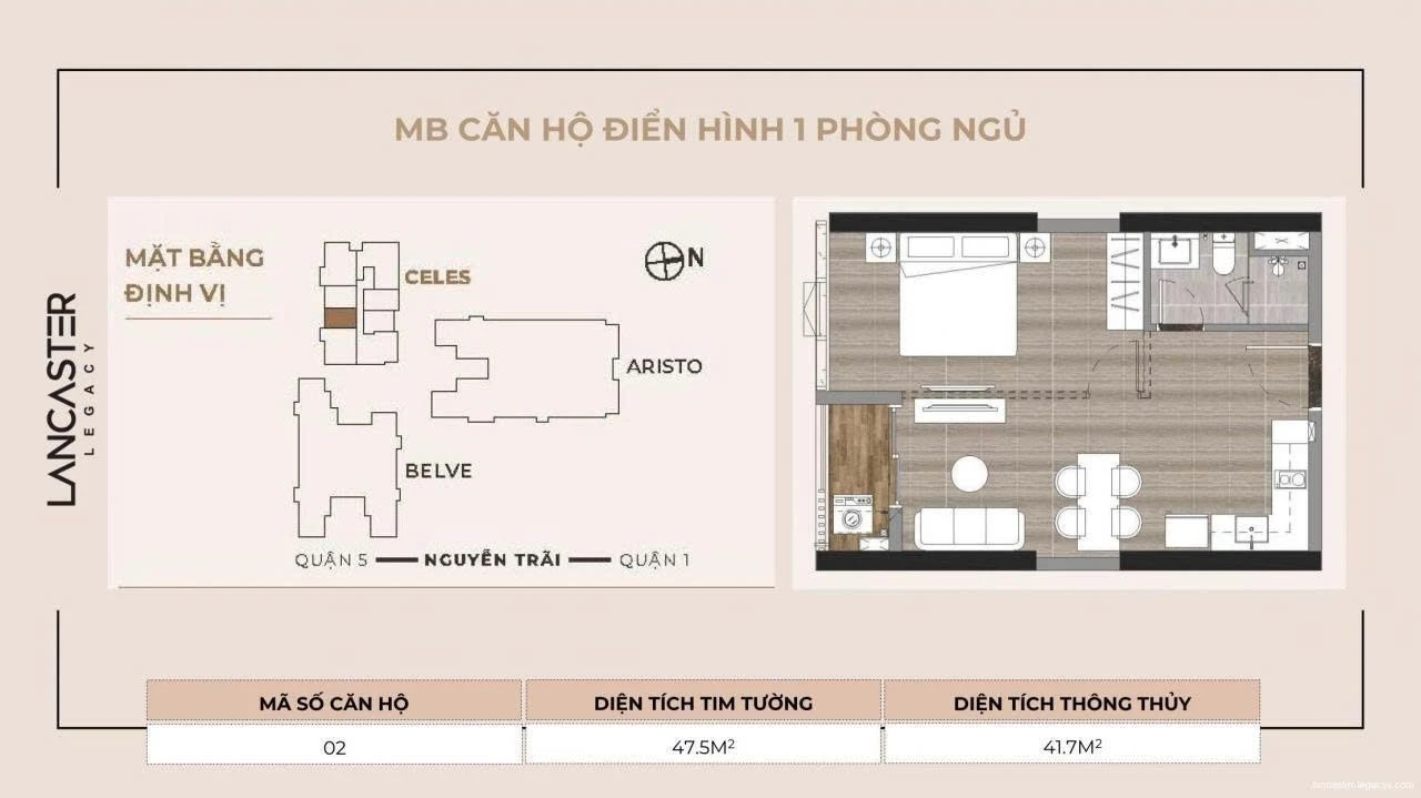 Sơ đồ thiết kế căn hộ 1 phòng ngủ diện tích 47.5m2 dự án Lancaster Legacy