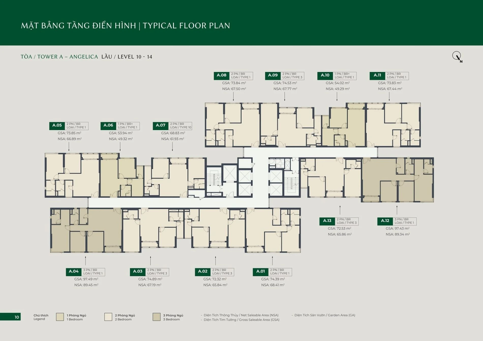 Sơ đồ mặt bằng tầng điển hình từ 10 đến 14 tháp A Angelica dự án Lumiere Boulevard