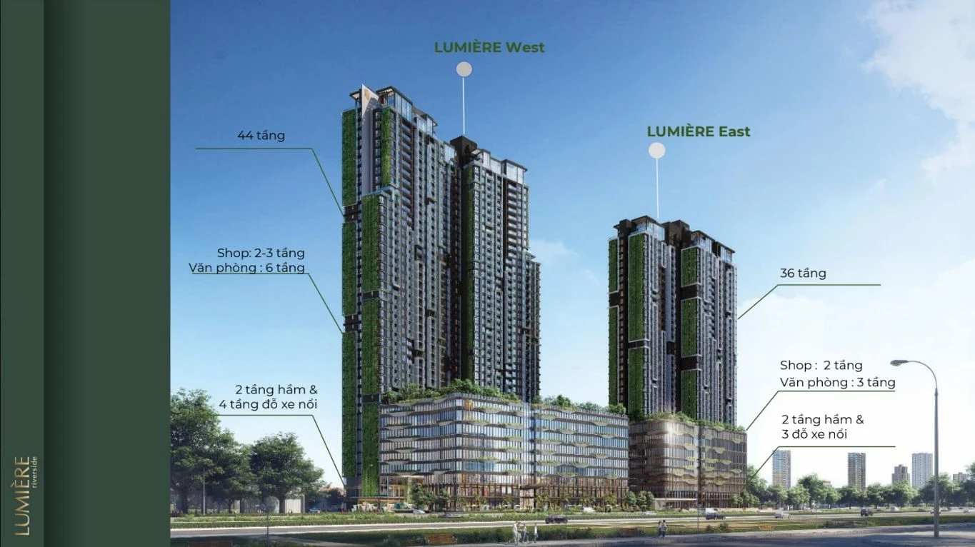 Phối cảnh kiến trúc mặt ngoài hai tòa tháp Lumière East và Lumière West thuộc dự án Lumière Riverside