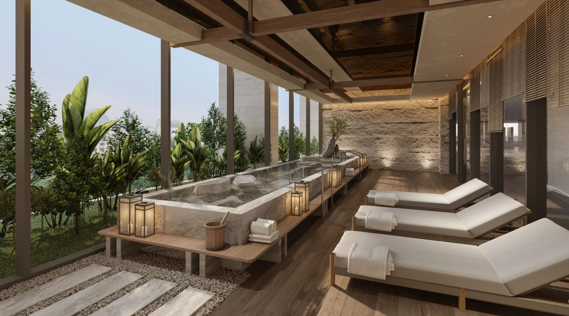 Tiện ích hồ ngâm khoáng nóng Onsen phong cách Nhật Bản giúp trị liệu sức khỏe tại Essensia Sky