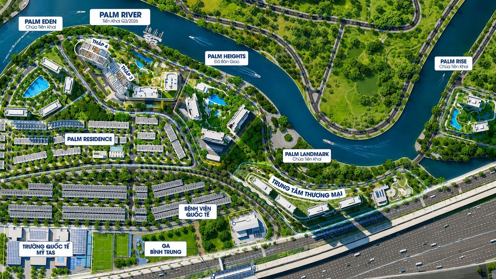 Vị trí phân khu Palm Heights liền kề sông Giồng Ông Tố tại dự án Palm City
