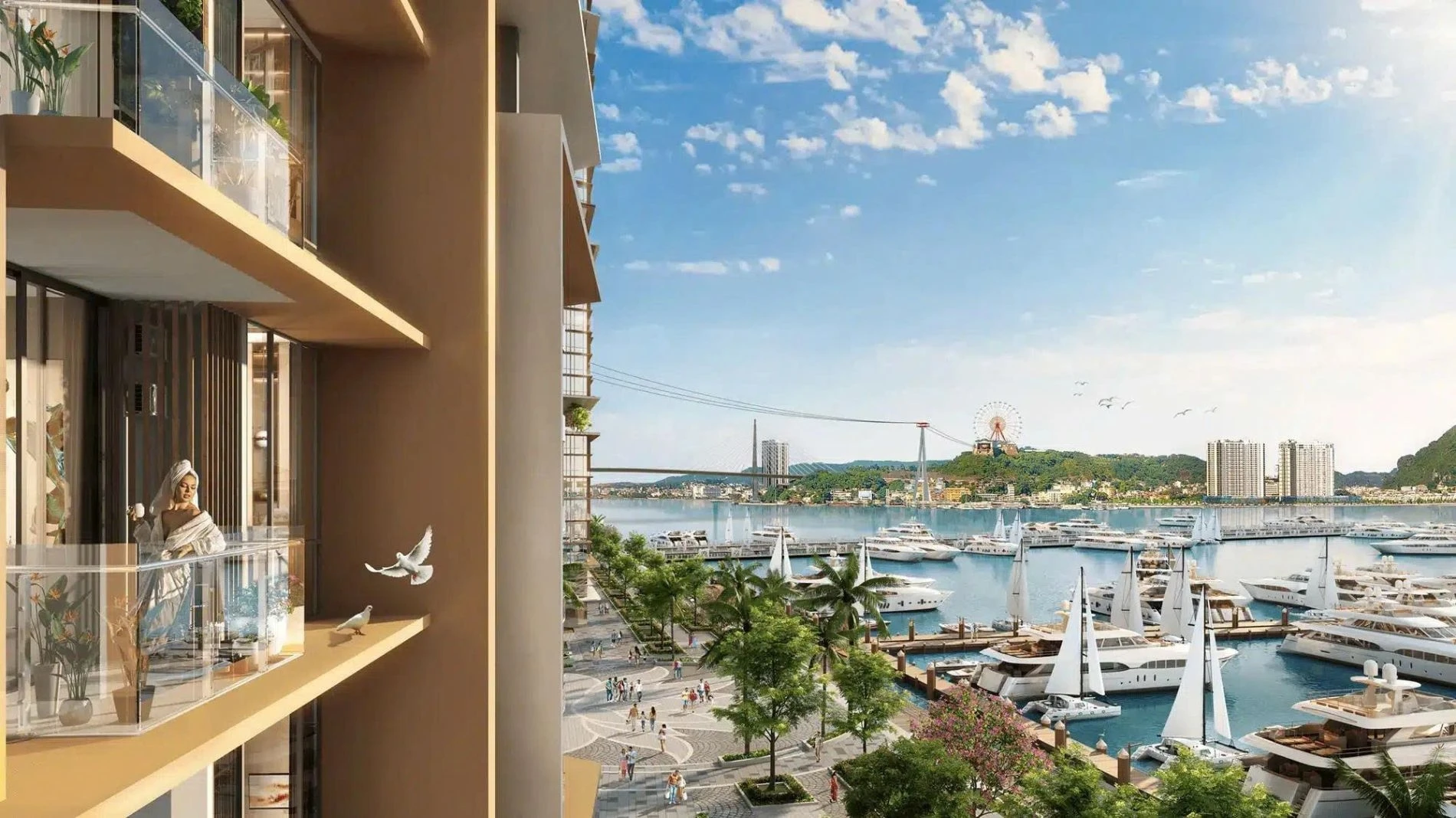 Góc nhìn từ ban công căn hộ Sun Elite City xuống bến du thuyền sầm uất