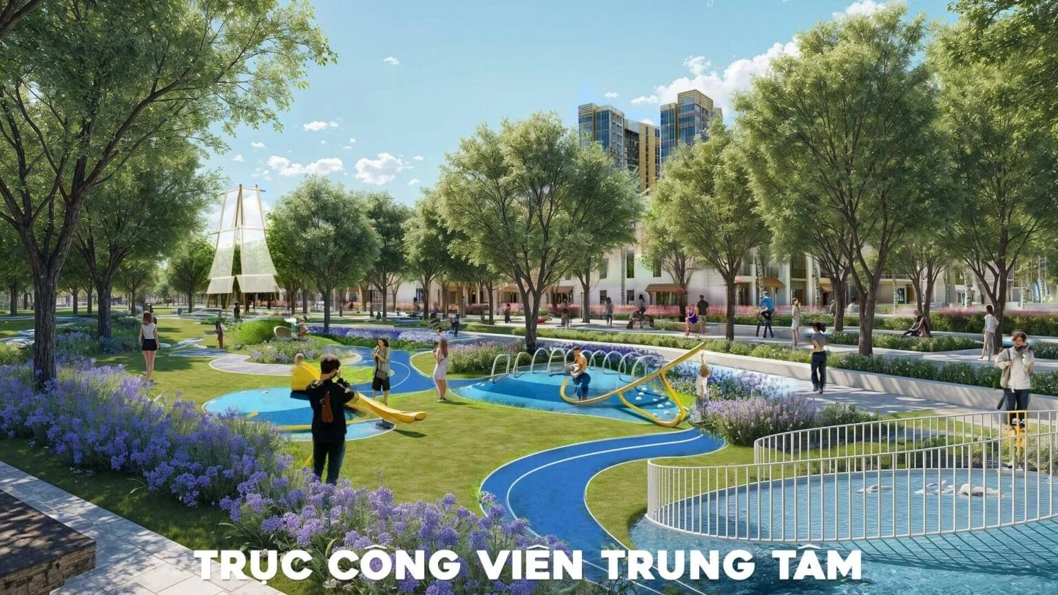 Khu vui chơi trẻ em với các thiết bị thể thao hiện đại dọc theo trục công viên