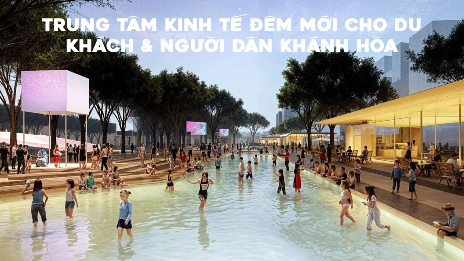 Khu vực quảng trường nước cạn nhộn nhịp du khách vui chơi vào buổi chiều tà