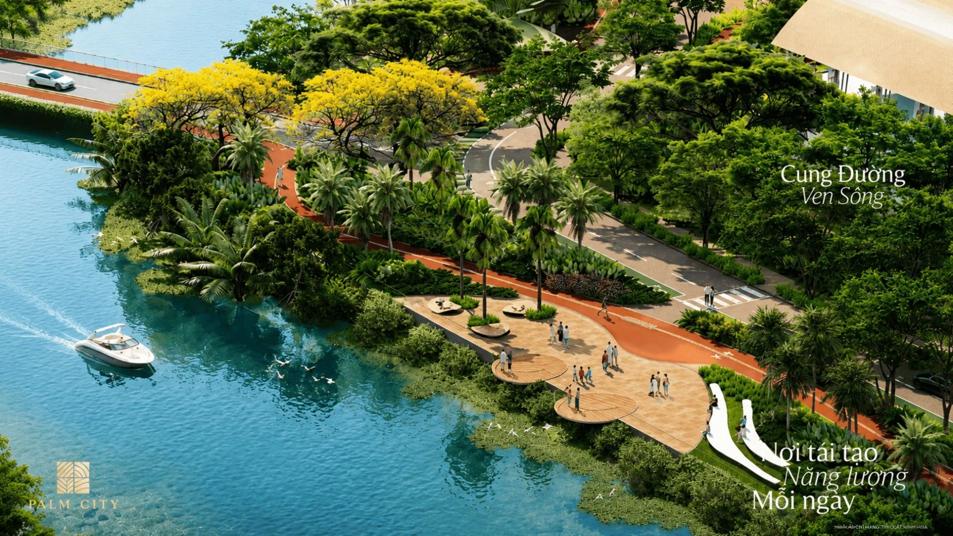 Cảnh quan công viên ven sông với đường dạo bộ và cây xanh mát mẻ tại Palm City.
