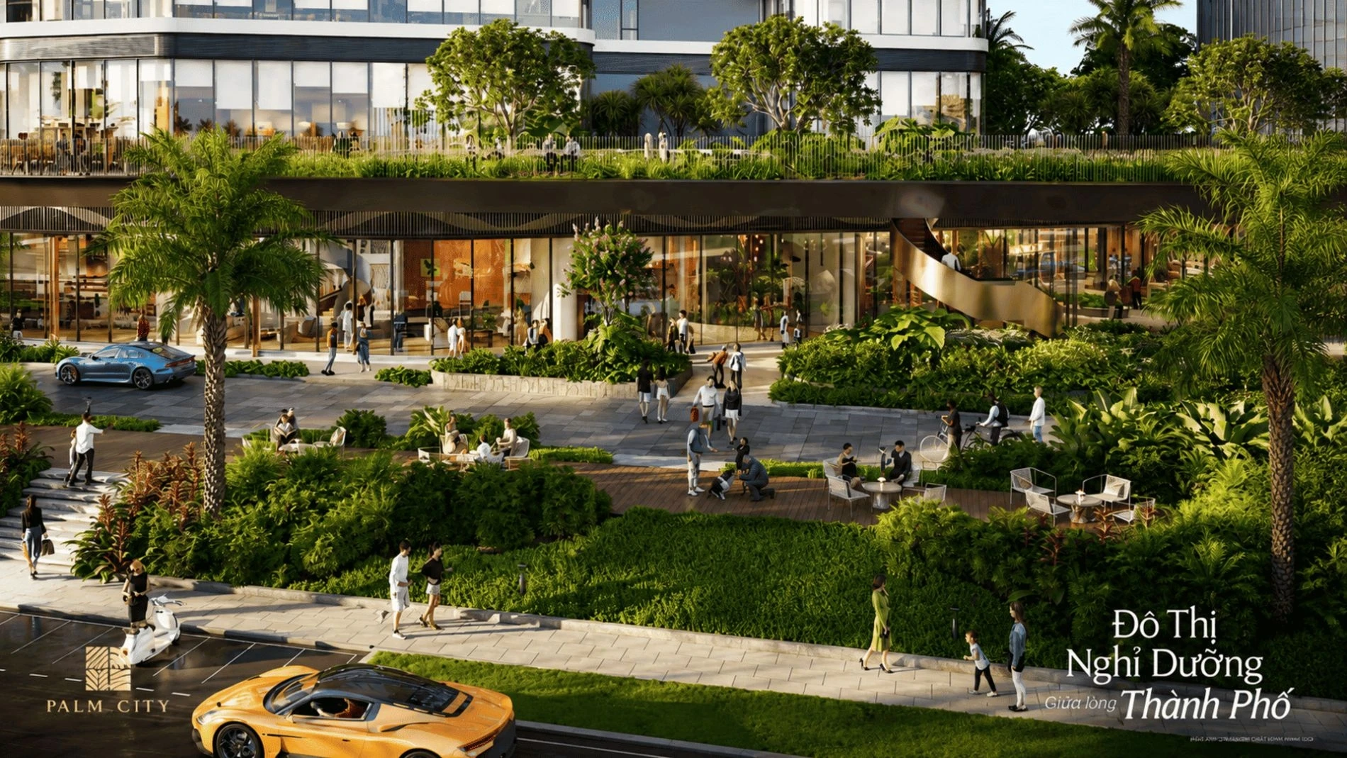 Không gian mua sắm và dạo bộ nhộn nhịp tại khu vực shophouse khối đế Palm City