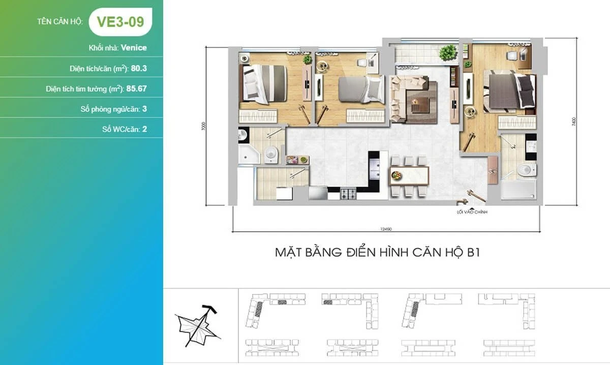 Layout thiết kế căn hộ 3 phòng ngủ mã VE3-09 diện tích 85.67 m2 dự án New City Thủ Thiêm