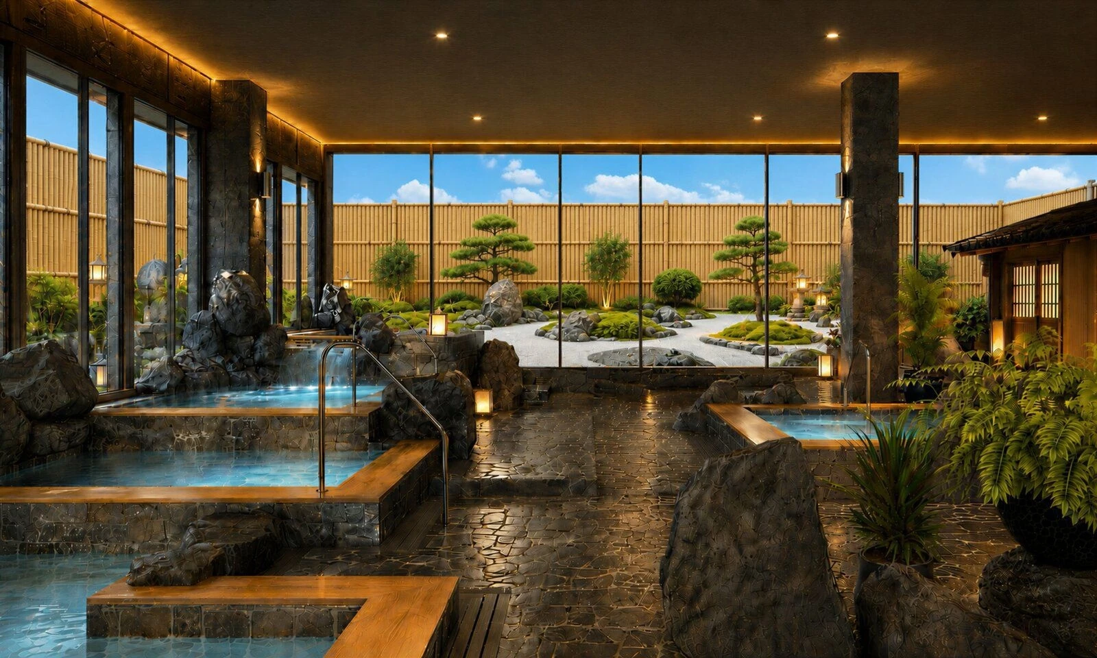 Khu vườn thiền Zen Garden tĩnh lặng nhìn từ phòng ngâm khoáng