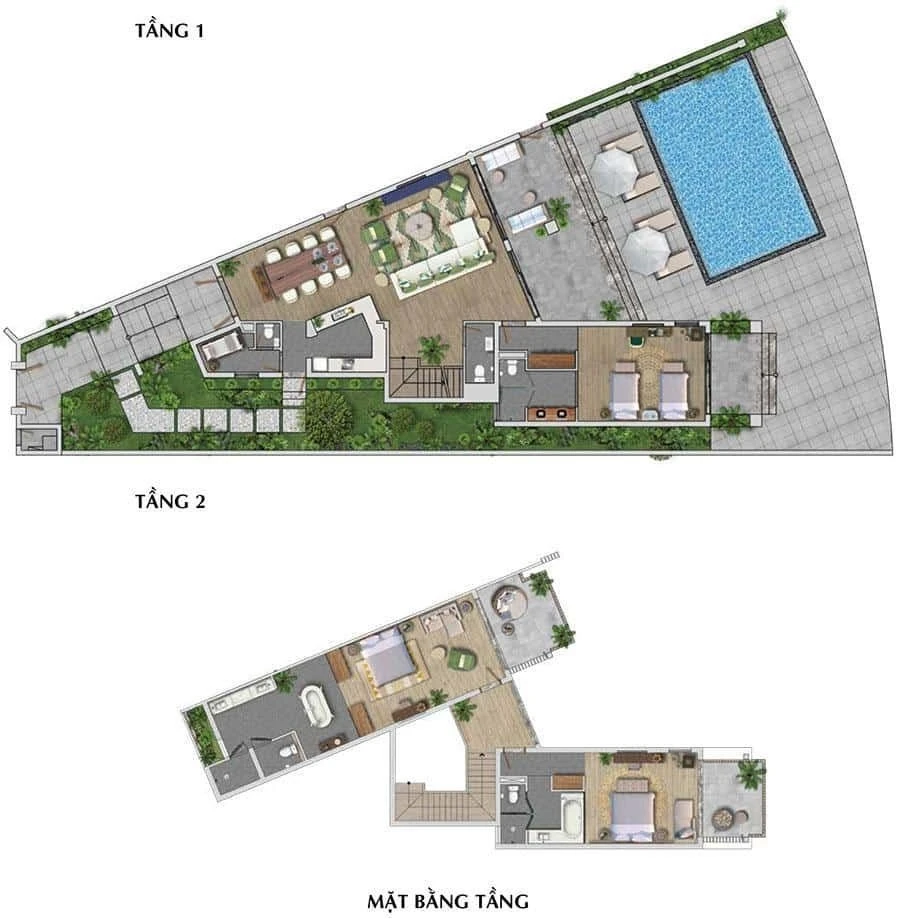 Layout mặt bằng biệt thự loại A hình dẻ quạt diện tích 810 đến 880 m2 ôm trọn tầm nhìn đại dương