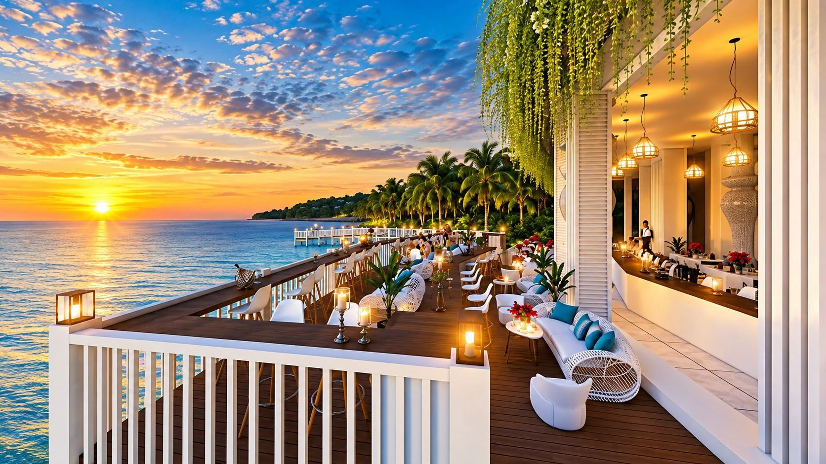 Quầy bar dài bằng gỗ đặt sát mép biển, nơi du khách đang thưởng thức đồ uống và ngắm cảnh