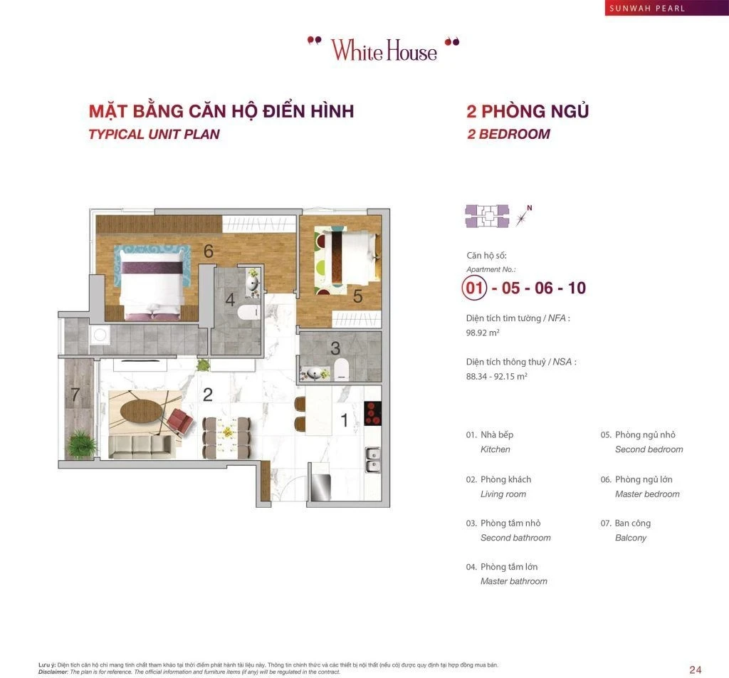 Thiết kế layout căn hộ 2 phòng ngủ tháp White House dự án Sunwah Pearl