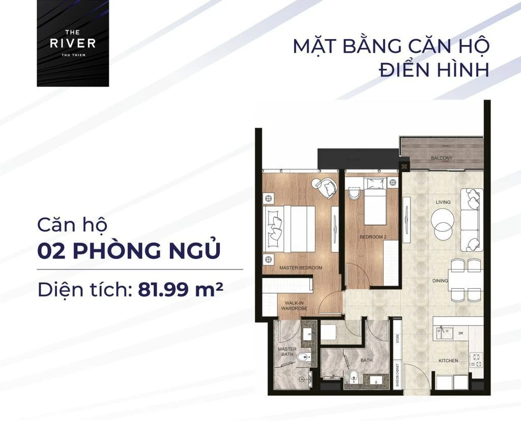 Bản vẽ layout căn hộ 2 phòng ngủ diện tích 81.99 m2 tại The River Thủ Thiêm