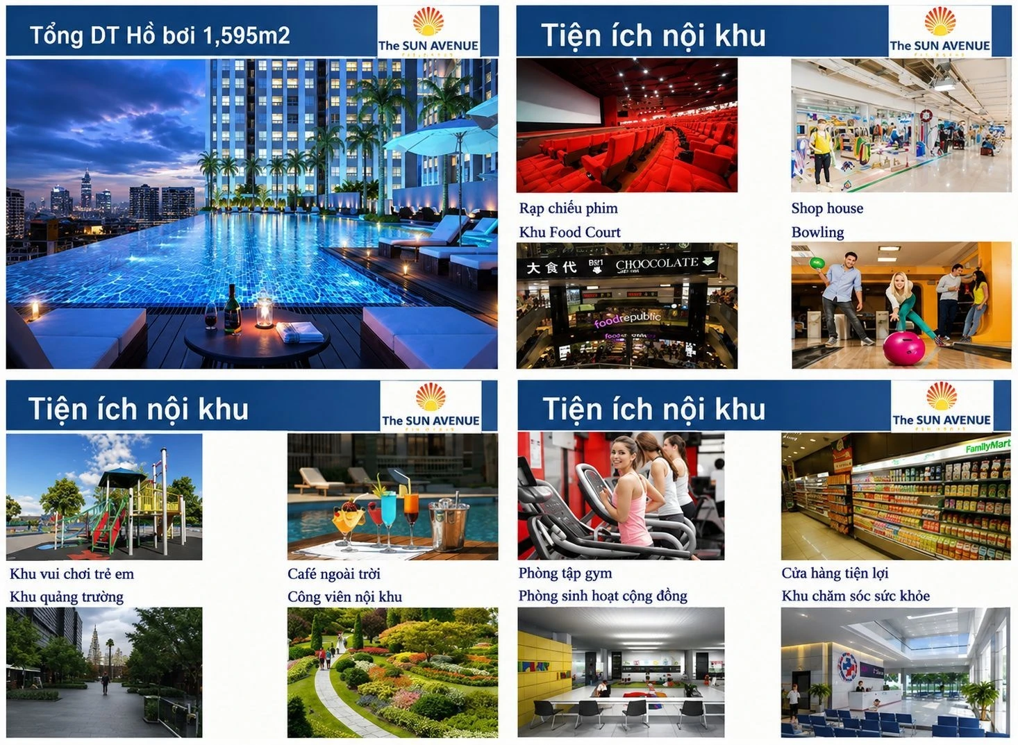 Các hạng mục tiện ích nổi bật bao gồm rạp chiếu phim, khu vui chơi và siêu thị tại The Sun Avenue