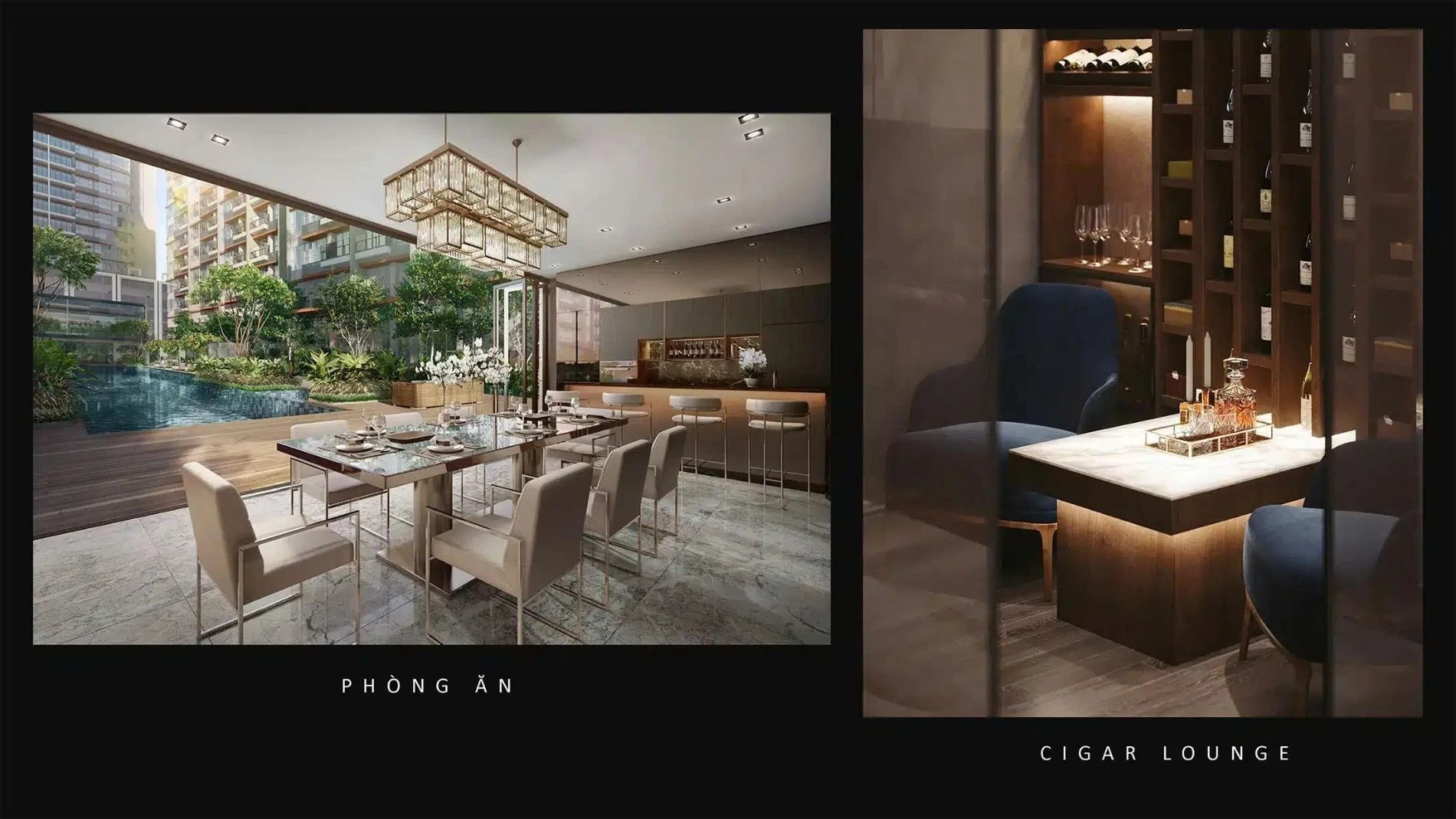 Không gian phòng ăn gia đình và Cigar Lounge thượng lưu tại The River Thủ Thiêm