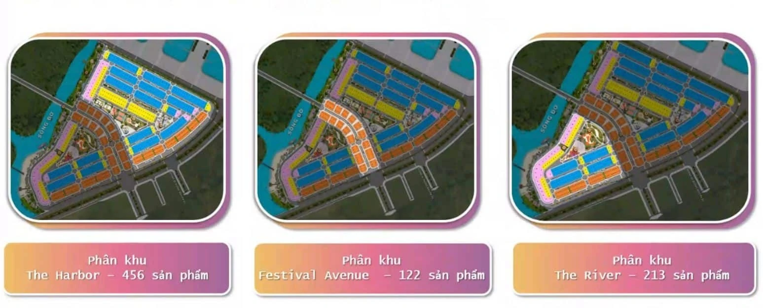 Sơ đồ phân bổ 3 phân khu The Harbor, Festival Avenue và The River tại dự án Sun Riverside Village
