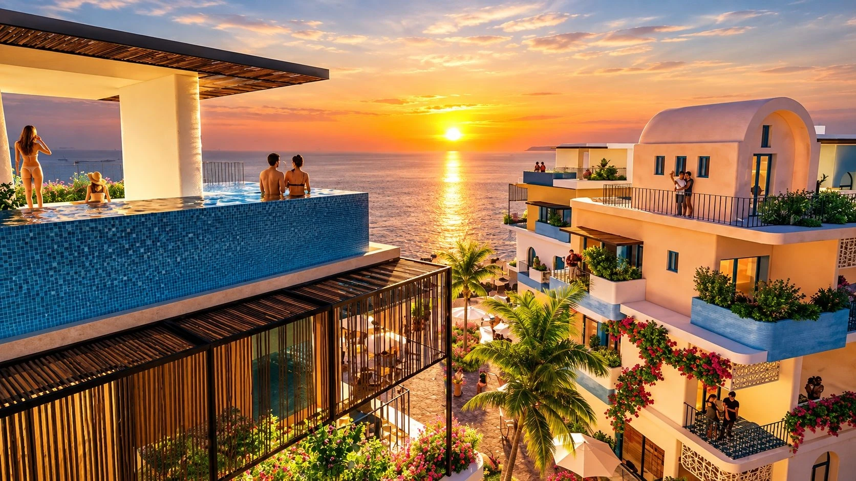 Hồ bơi riêng tại ban công shophouse The Santo Port ngắm hoàng hôn