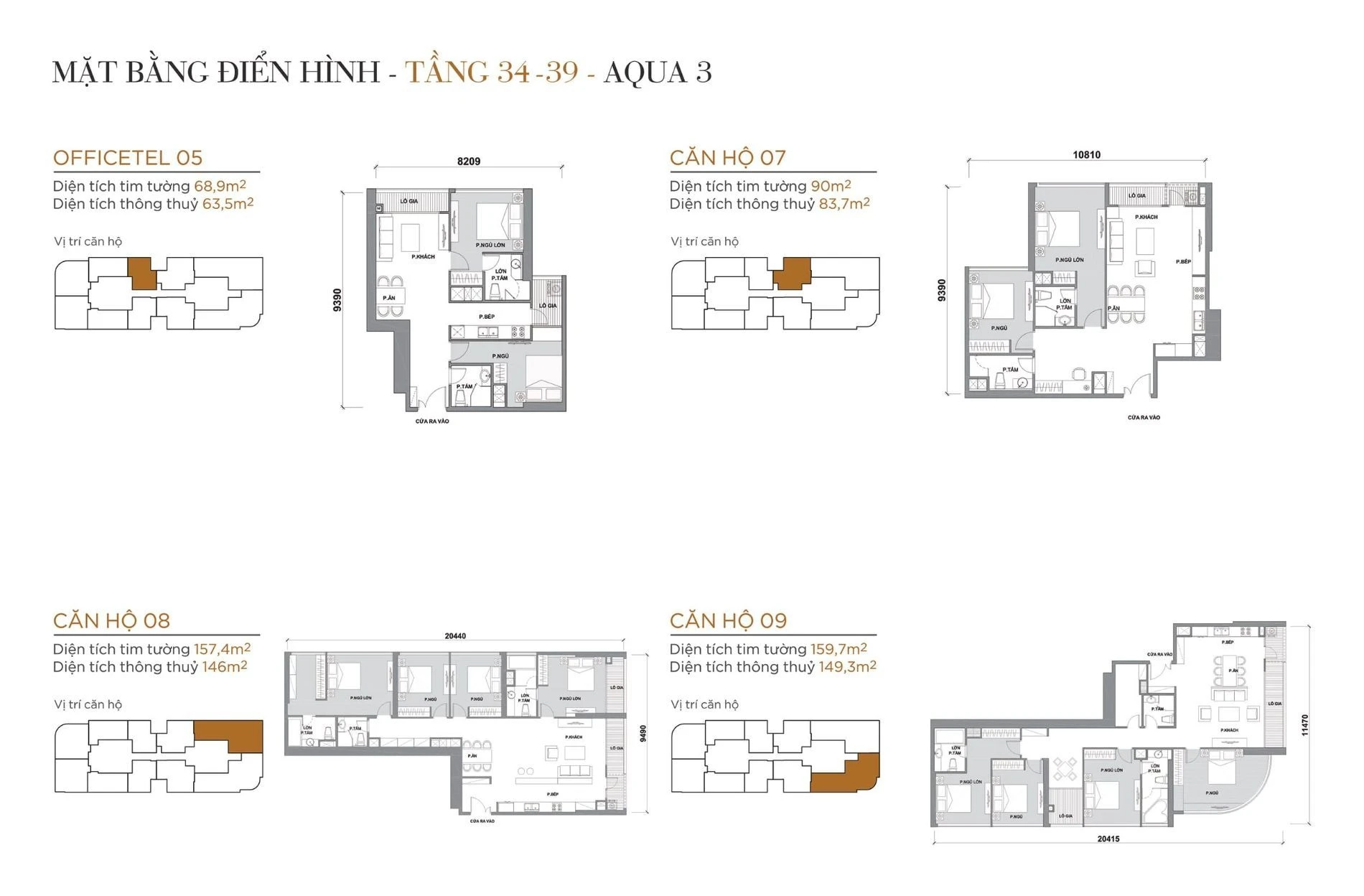 Bản vẽ bóc tách chi tiết mặt bằng căn hộ số 05, 07, 08, 09 tại tầng 34 đến 39 tòa Aqua 3