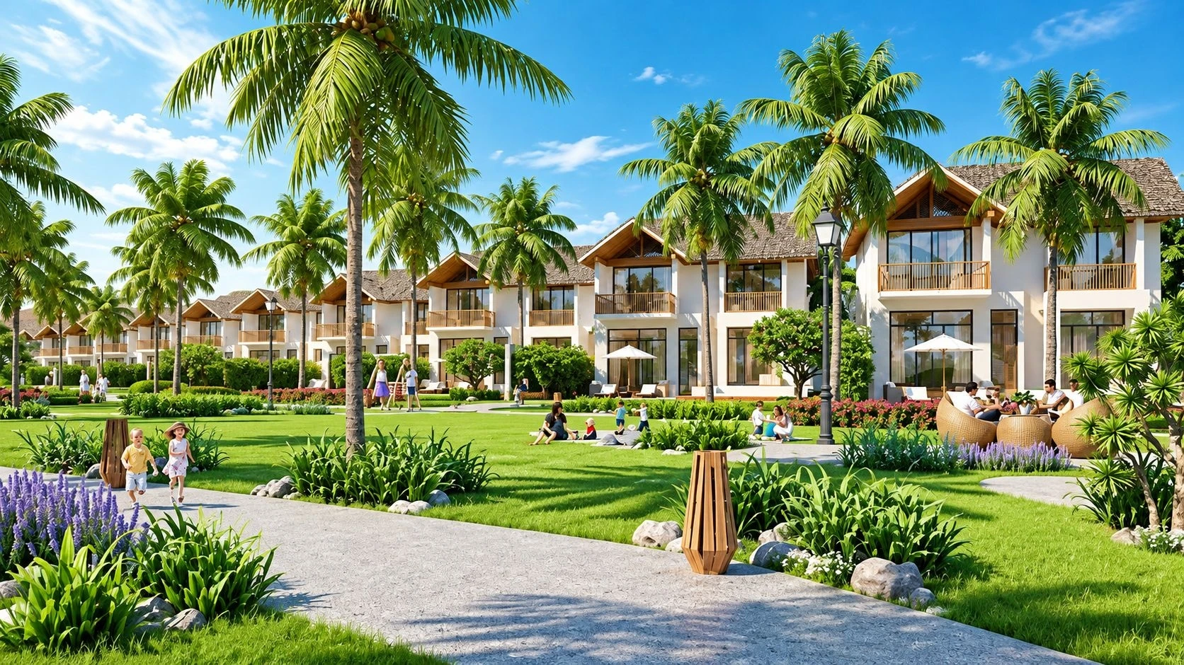 Khu vực bãi cỏ rộng lớn nơi các gia đình đang vui chơi và dã ngoại trước dãy biệt thự