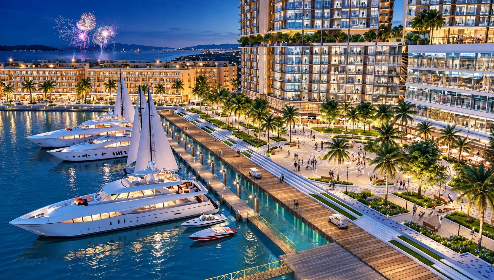 Khung cảnh rực rỡ ánh đèn về đêm tại bến du thuyền Sun Marina Town Hạ Long