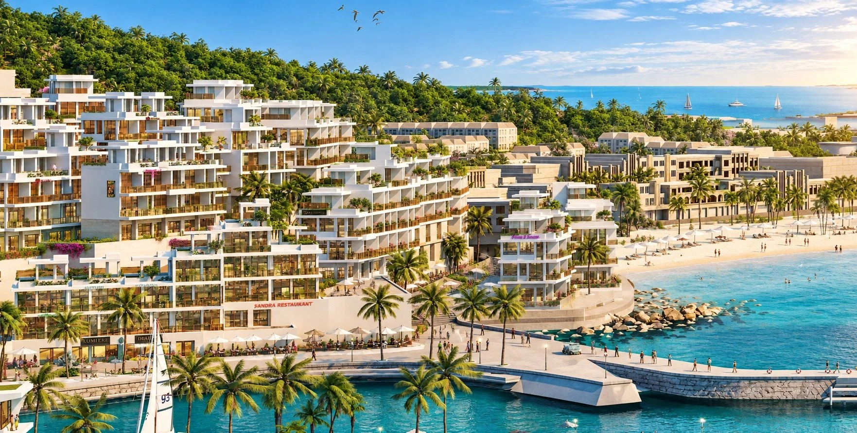 Các dãy shophouse The Santo Port được thiết kế giật cấp trên sườn đồi hướng ra biển