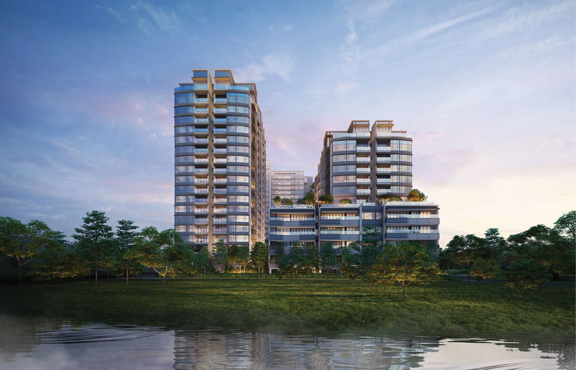 Phối cảnh kiến trúc các tòa tháp căn hộ The River Thủ Thiêm nhìn từ công viên ven sông