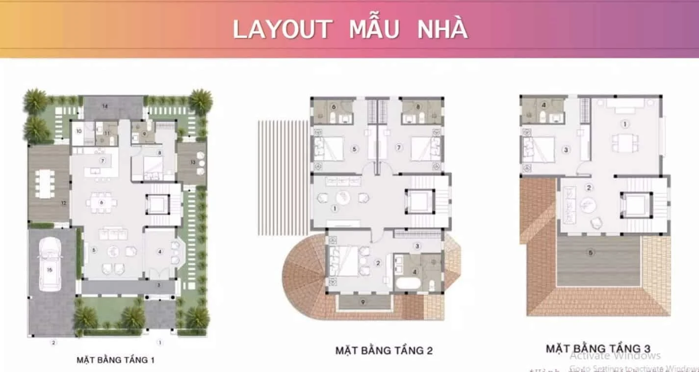 Layout mặt bằng 3 tầng biệt thự đơn lập diện tích 300m2 Sun Riverside Village