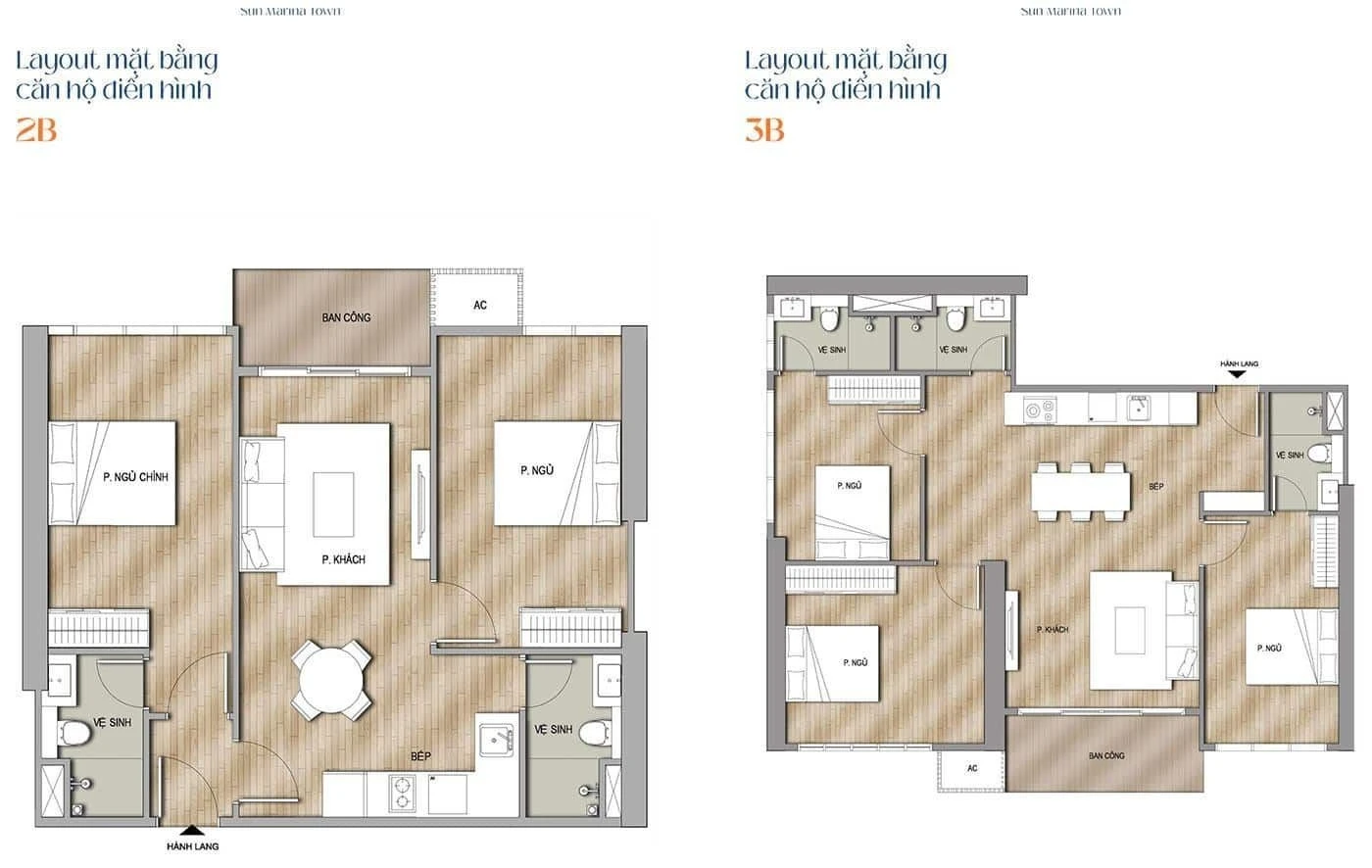 Bản vẽ bóc mái layout thiết kế căn hộ 2 phòng ngủ và 3 phòng ngủ Sun Marina Town