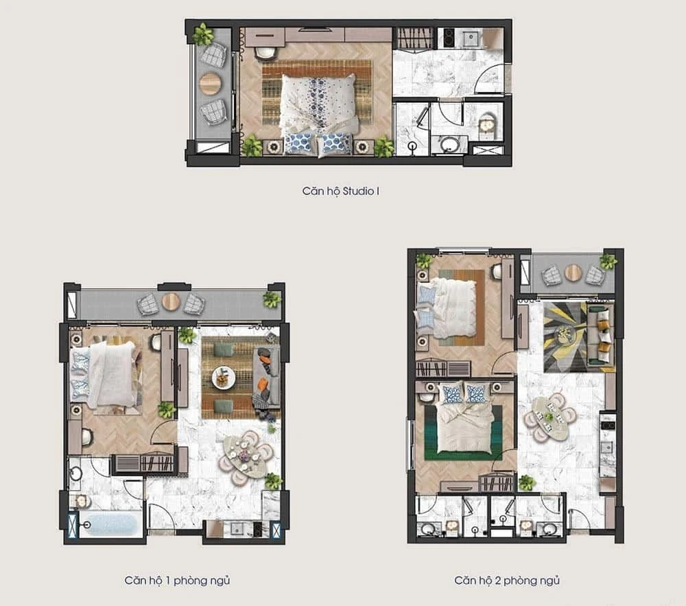 Layout thiết kế chi tiết căn hộ Studio, 1 phòng ngủ và 2 phòng ngủ dự án Sun Grand City