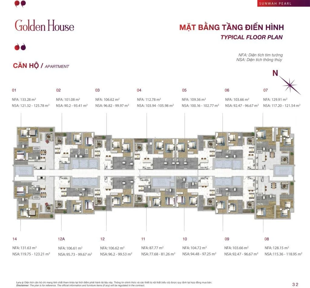 Sơ đồ mặt bằng tầng điển hình tháp Golden House dự án Sunwah Pearl