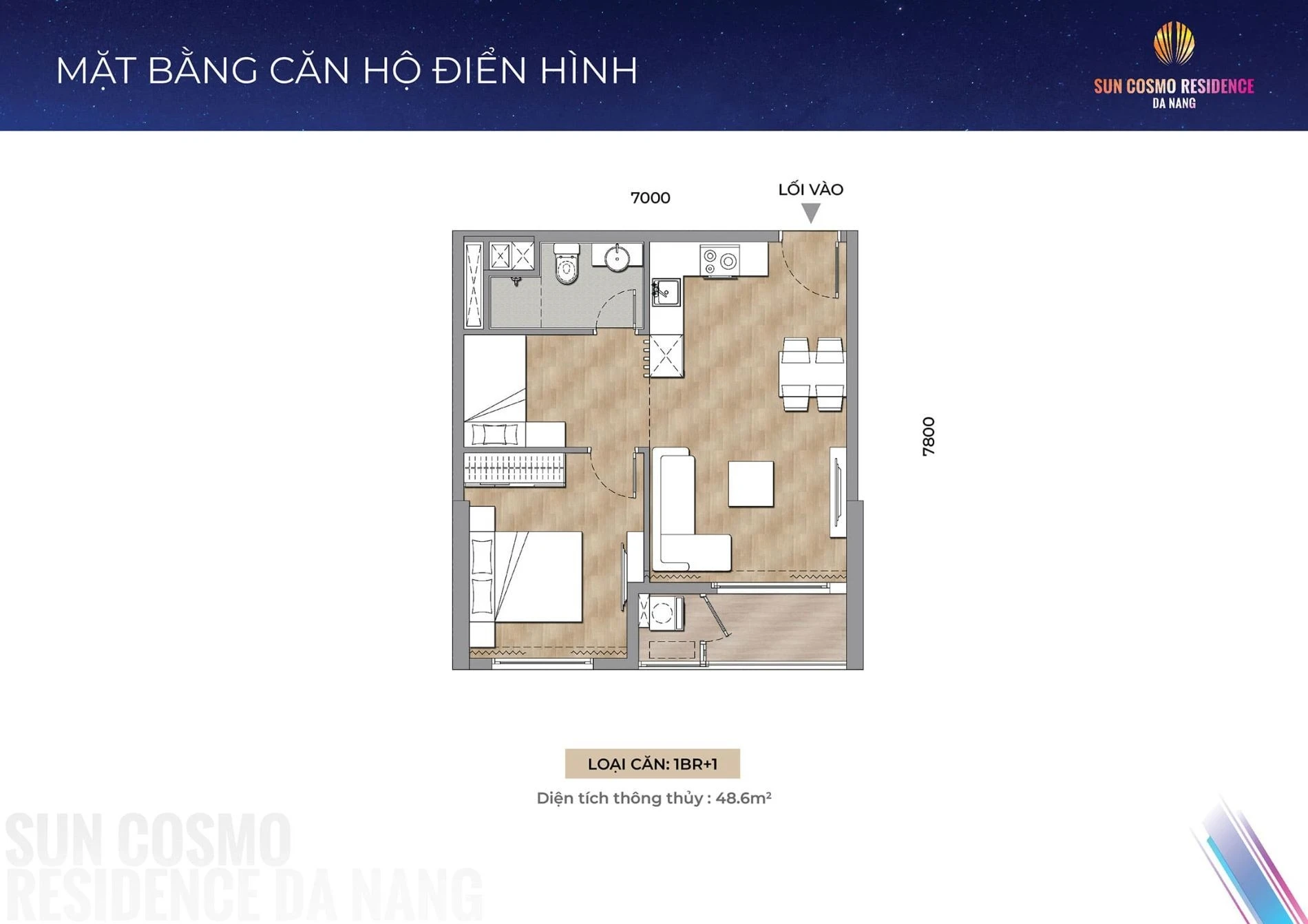 Bản vẽ layout căn hộ 1 phòng ngủ diện tích 48.6m2 dự án Sun Cosmo Residence