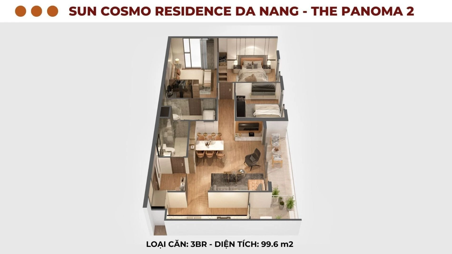 Bản vẽ layout căn hộ 3 phòng ngủ diện tích 99.6m2 dự án Sun Cosmo Residence