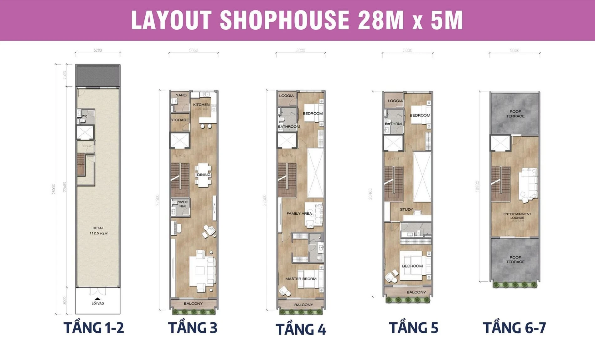 Bản vẽ layout Shophouse kích thước 28x5m dự án Sun Cosmo Residence