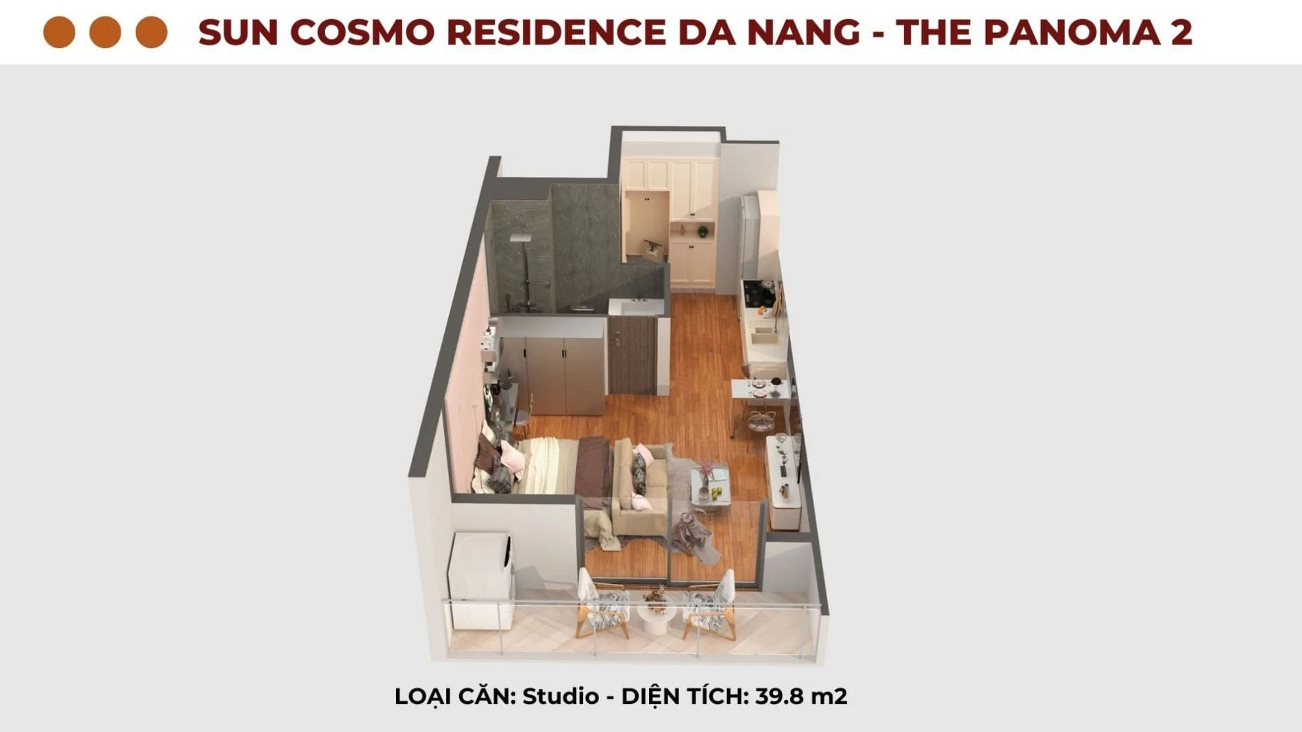 Bản vẽ layout căn hộ Studio diện tích 39.8m2 dự án Sun Cosmo Residence