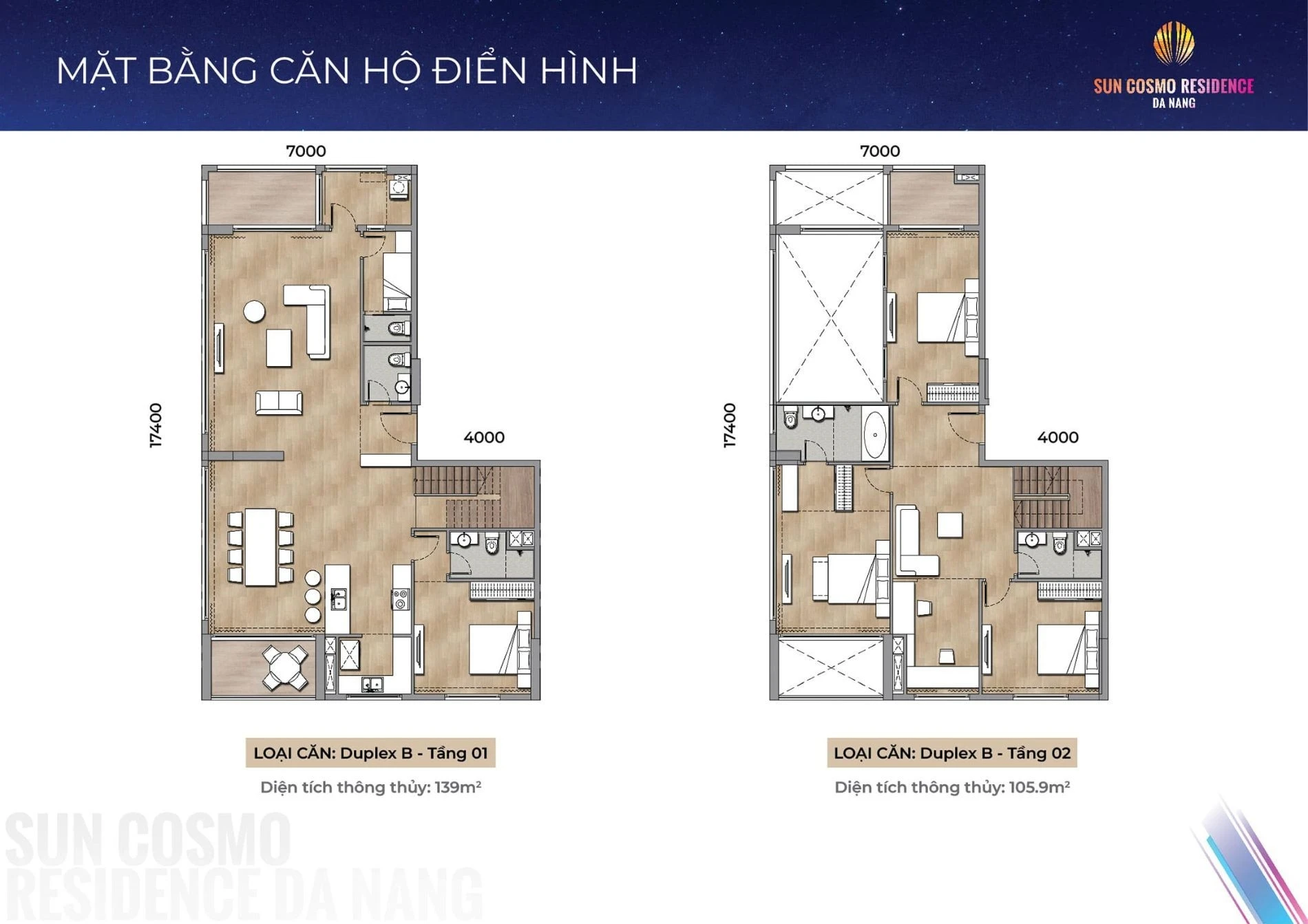 Bản vẽ layout căn hộ Duplex B dự án Sun Cosmo Residence