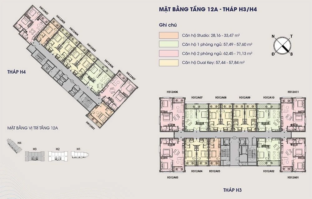 Chi tiết mặt bằng tầng 12A tháp H3 và H4 dự án Sun Grand City Hillside Residence