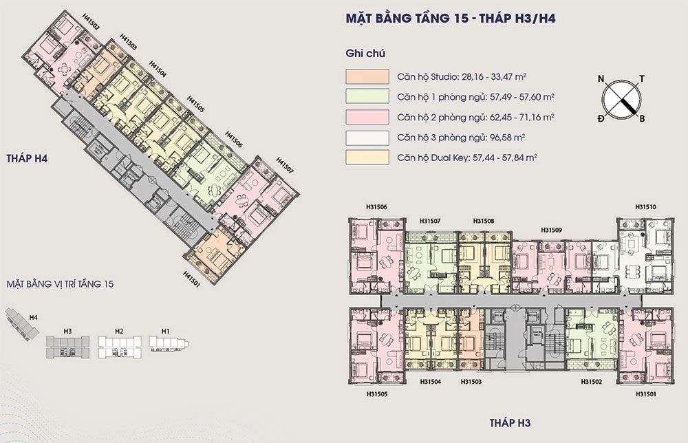 Thiết kế mặt bằng tầng 15 tháp H3 và H4 phân khu The Hill dự án Sun Grand City