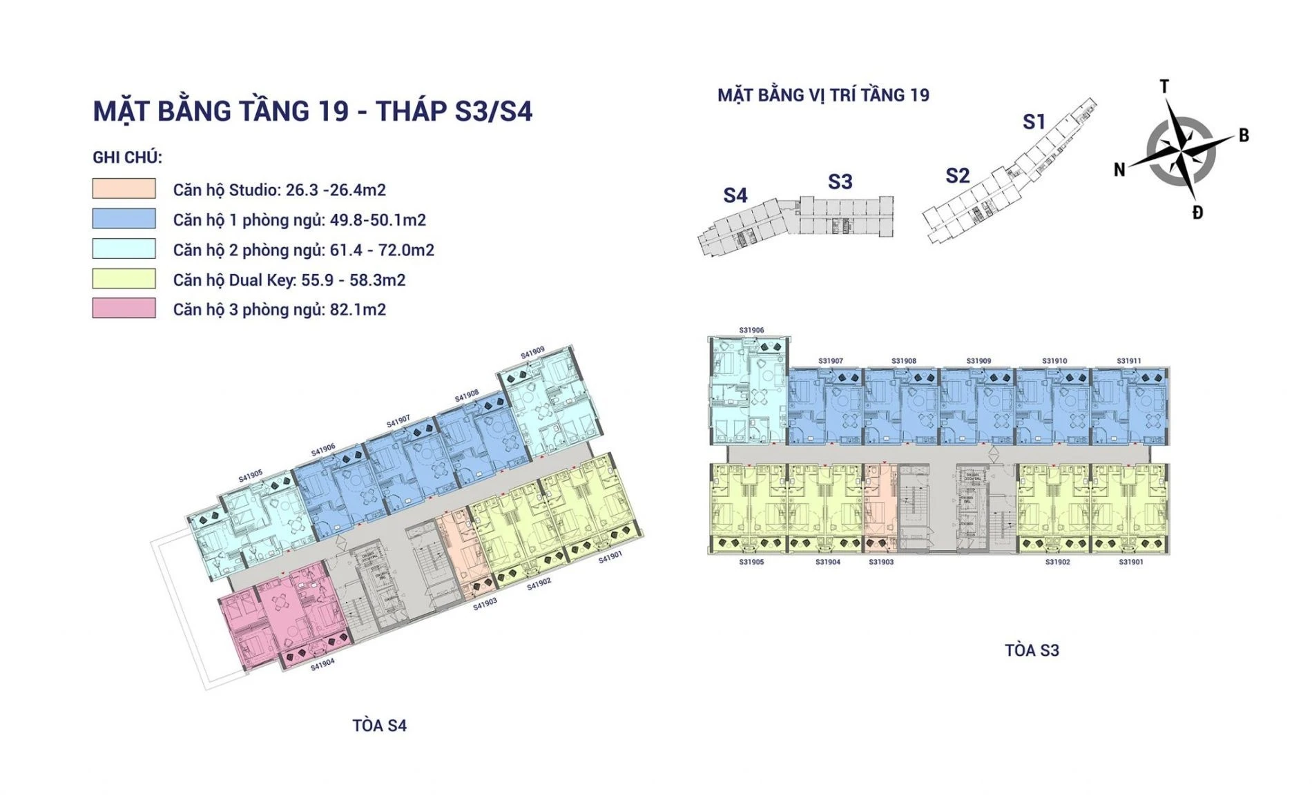 Mặt bằng tầng 19 tháp S3 và S4 Sun Grand City Hillside Residence với căn hộ 3 phòng ngủ