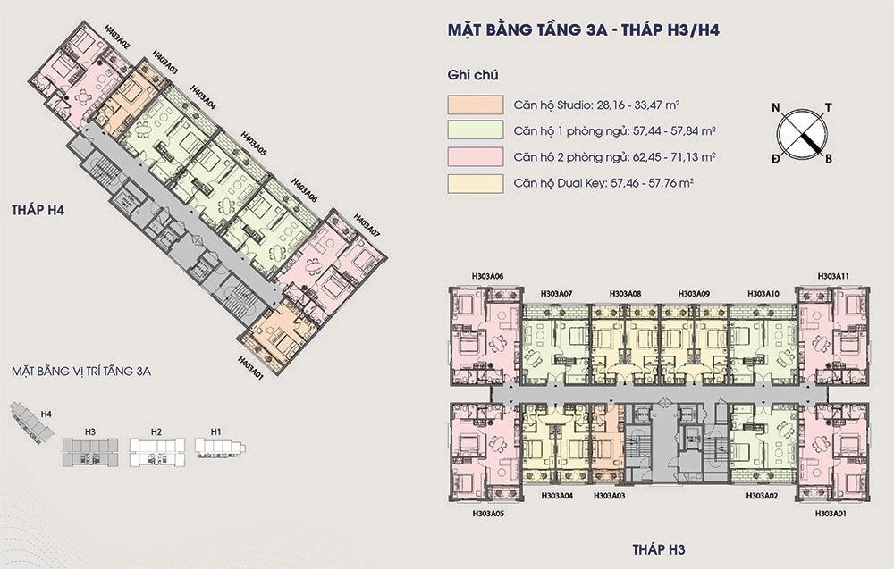 Sơ đồ bố trí mặt bằng tầng 3A tháp H3 và H4 dự án Sun Grand City Hillside Residence Phú Quốc