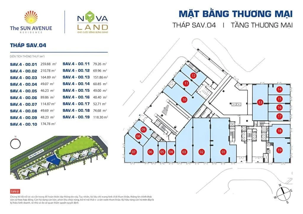 Sơ đồ mặt bằng thương mại khối đế tại tháp SAV.04 The Sun Avenue