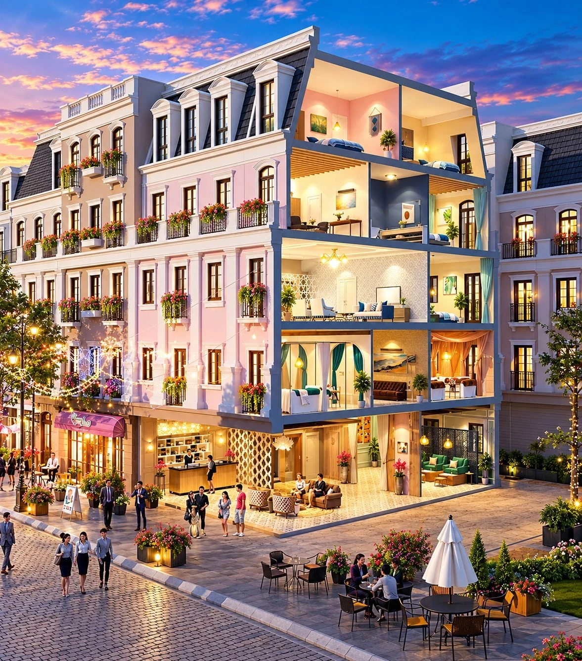 Phối cảnh 3D mặt cắt shophouse căn góc thể hiện tiềm năng kinh doanh đa phễu tại Phú Quốc