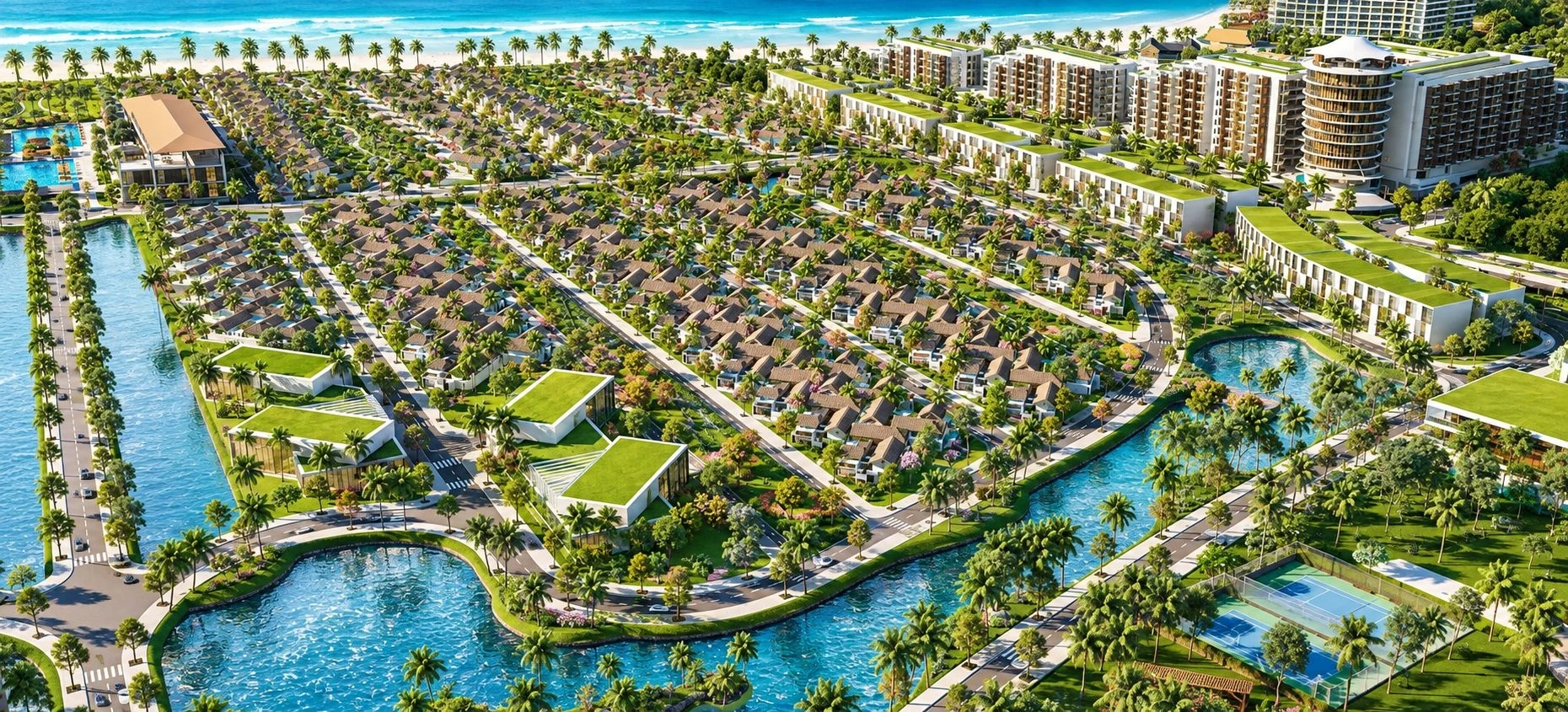 Góc nhìn trên cao toàn cảnh khu nghỉ dưỡng với hệ thống kênh rạch và cây xanh bao phủ