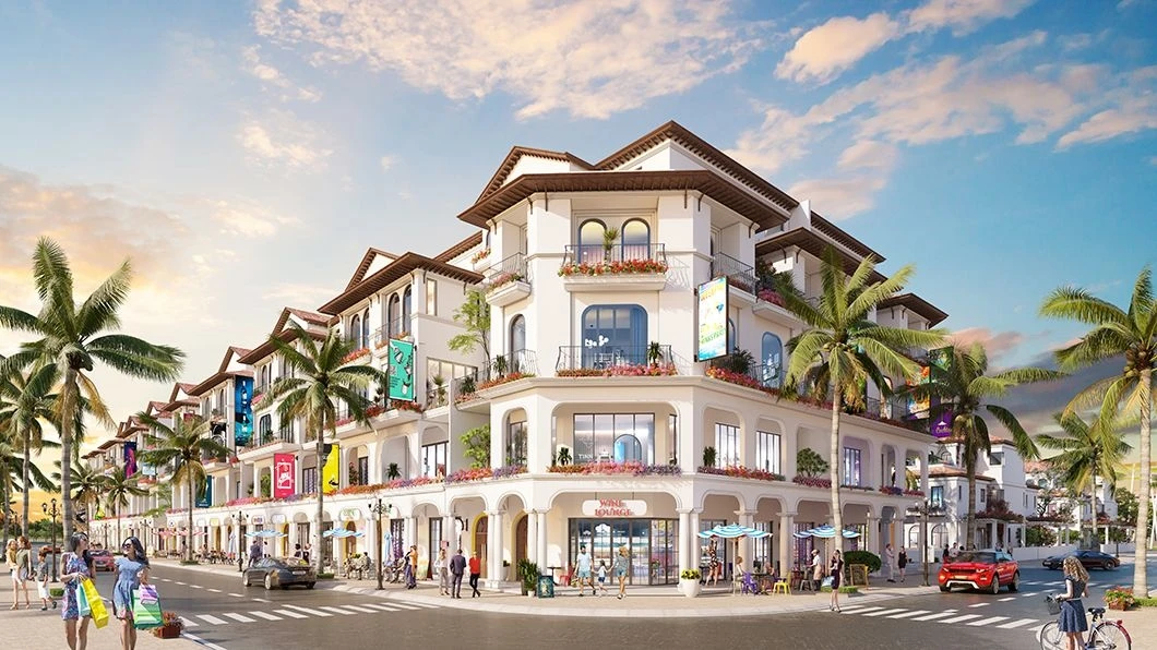 Phối cảnh mặt ngoài shophouse căn góc 5 tầng phong cách Miami tại Sun Riverside Village
