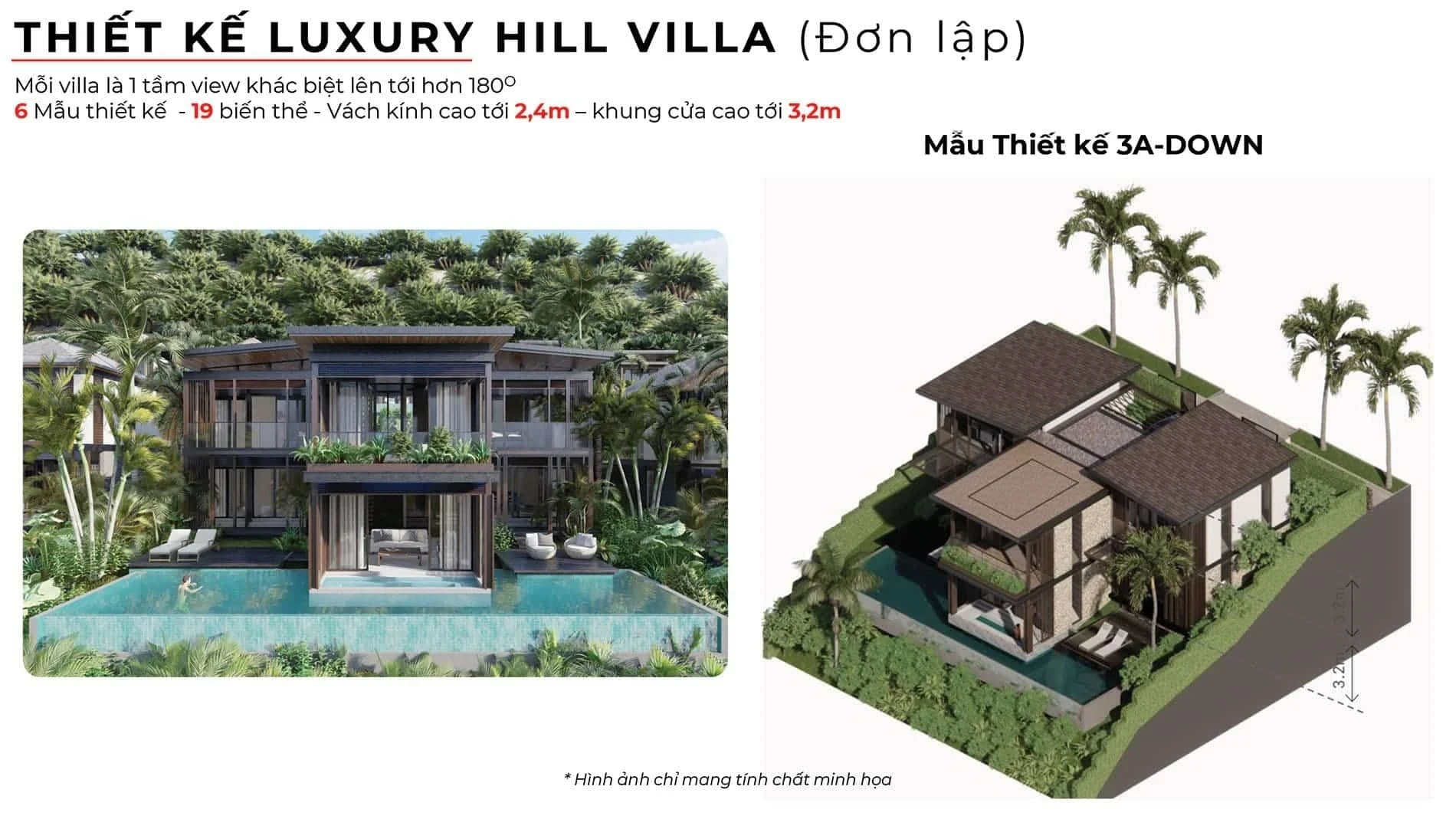 Bản vẽ phối cảnh kiến trúc và mặt cắt địa hình của mẫu biệt thự đơn lập Luxury Hill Villa 3A-DOWN.