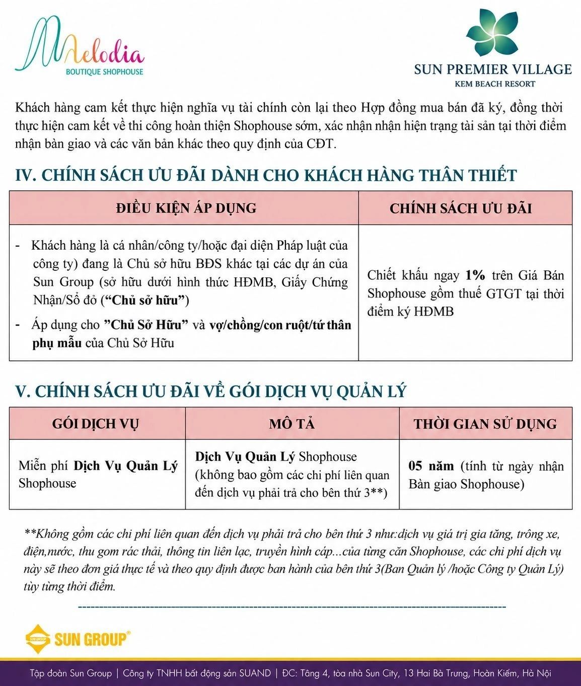Chính sách ưu đãi gói dịch vụ quản lý shophouse Melodia