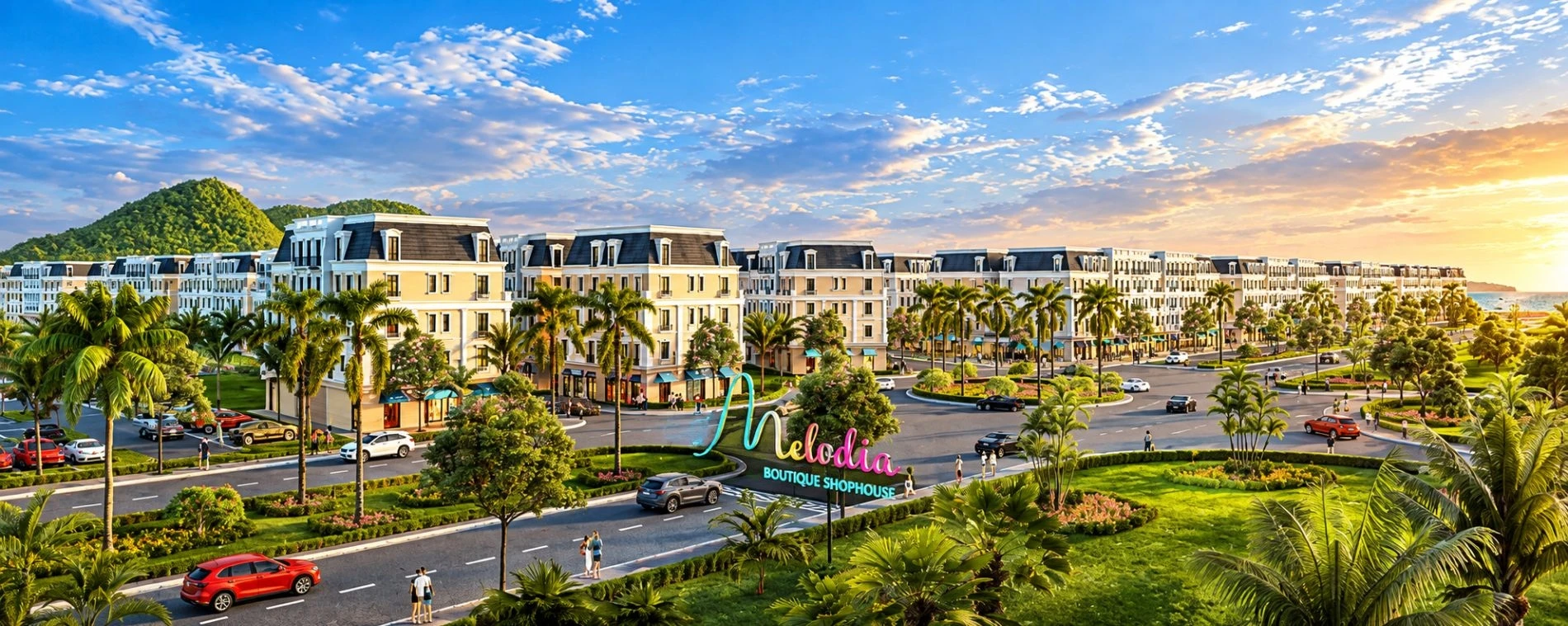 Góc ngã tư rộng rãi với dòng chữ Melodia Boutique Shophouse nổi bật giữa các dãy nhà phố